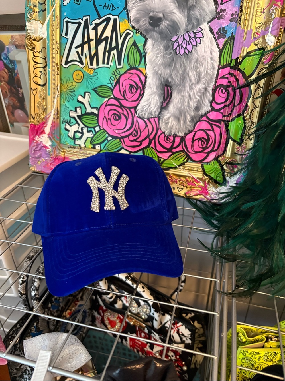 Velvet Baseball Cap - Royal Blue with Rhinestone NY